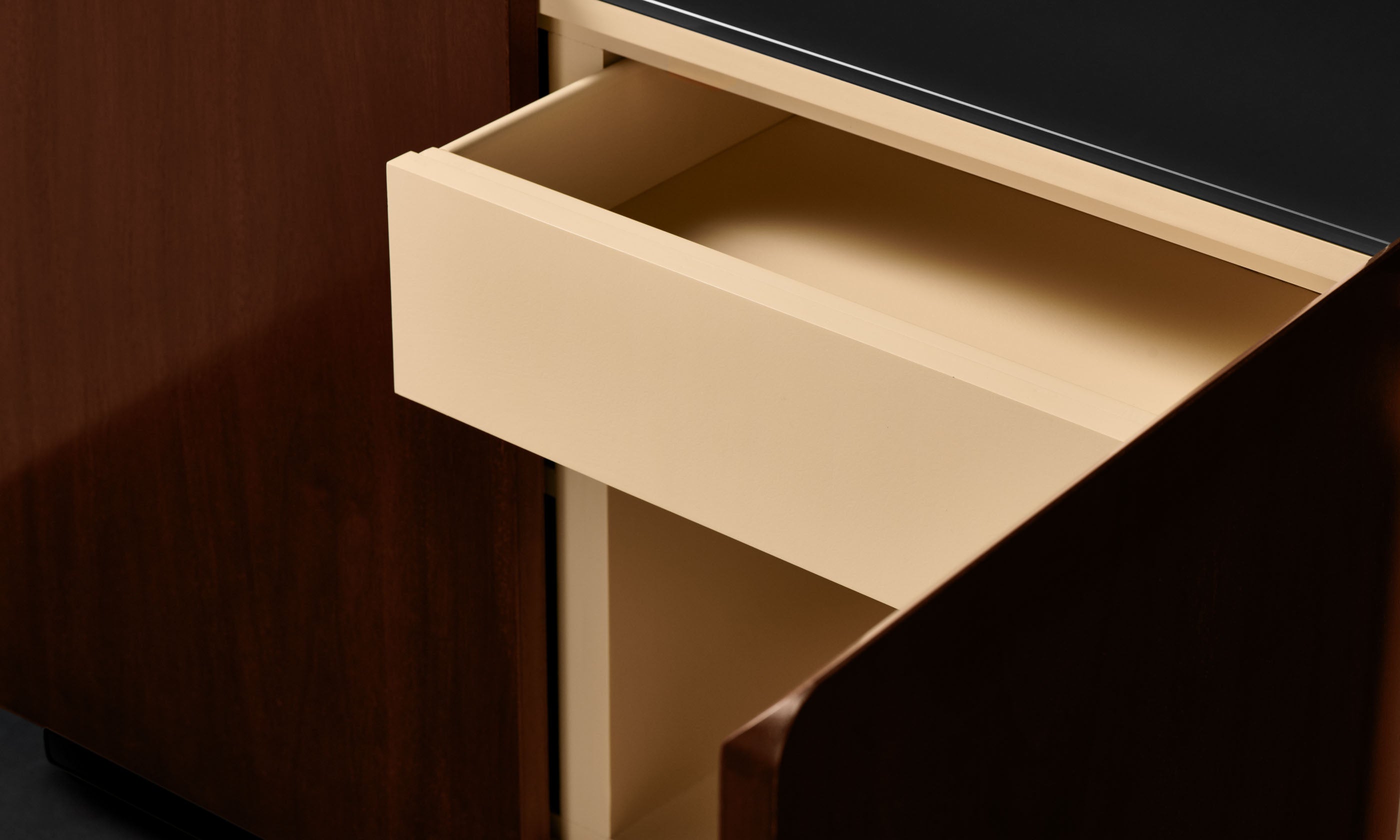 sabine oak wood sideboard with 4 doors, glass top and drawers