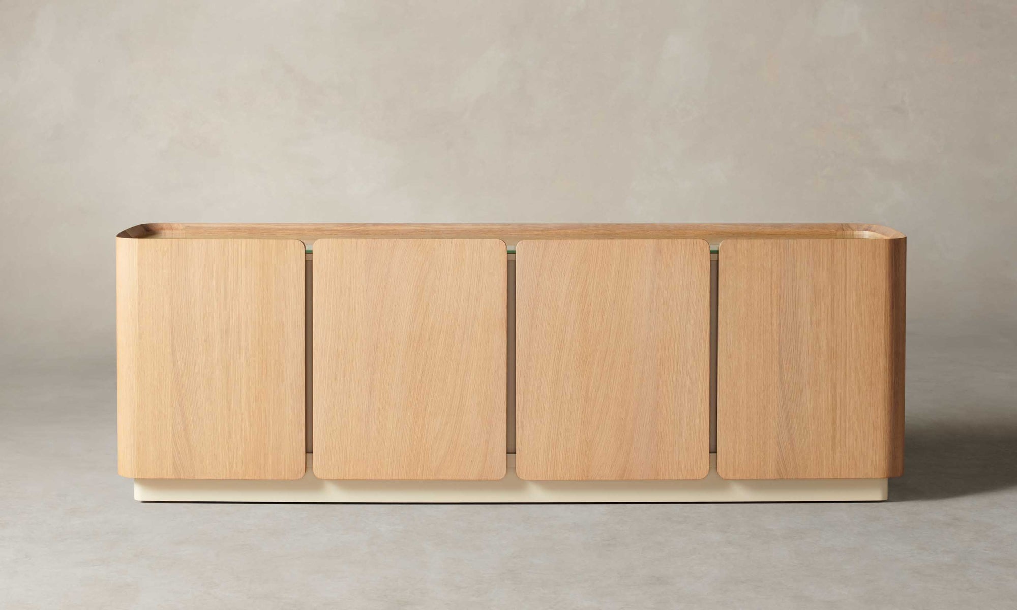 sabine oak wood sideboard with 4 doors and a glass top