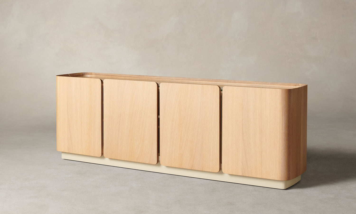 sabine oak wood sideboard with 4 doors and a glass top, angle view