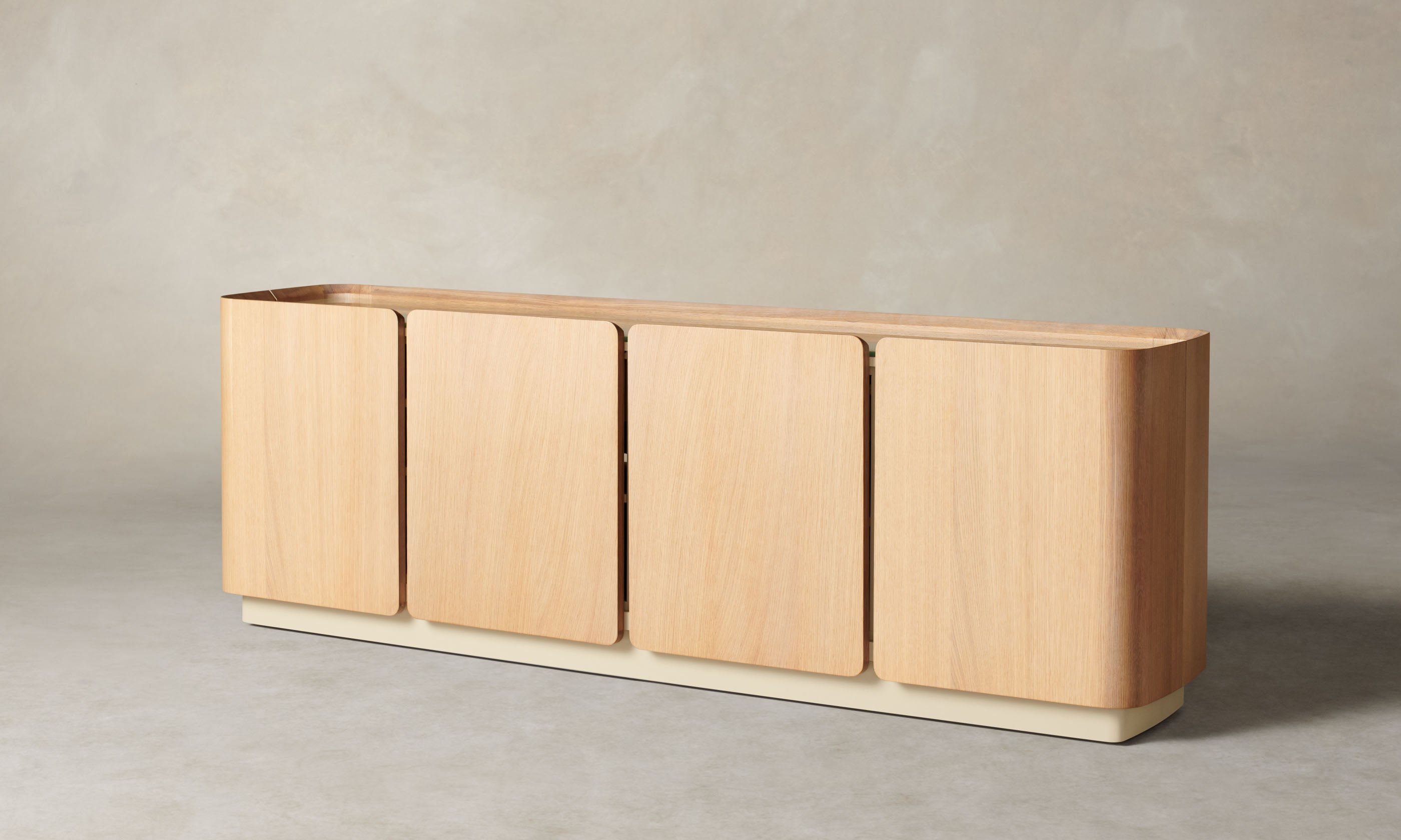 sabine oak wood sideboard with 4 doors and a glass top, angle view