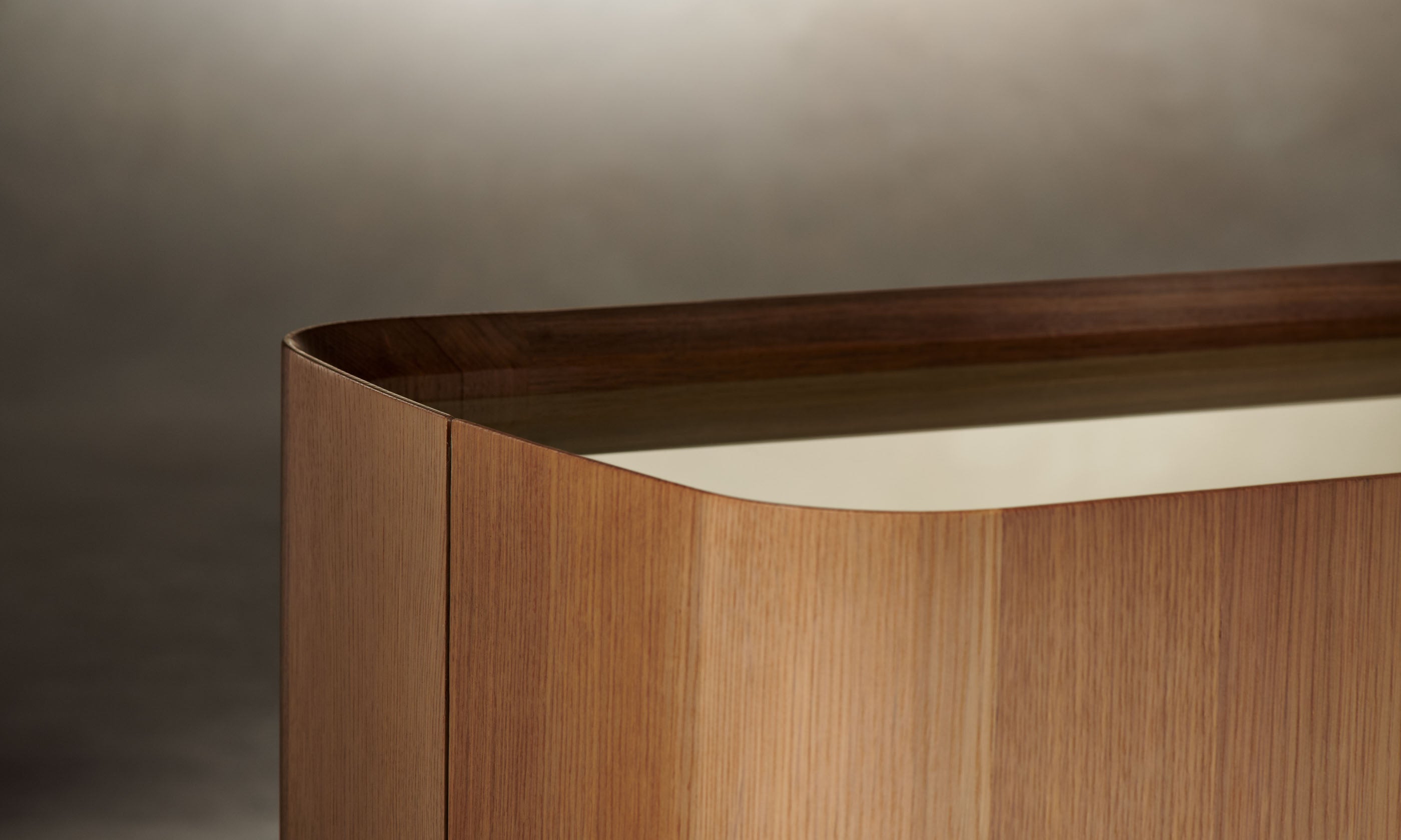 sabine oak wood sideboard with 4 doors and a glass top, close up