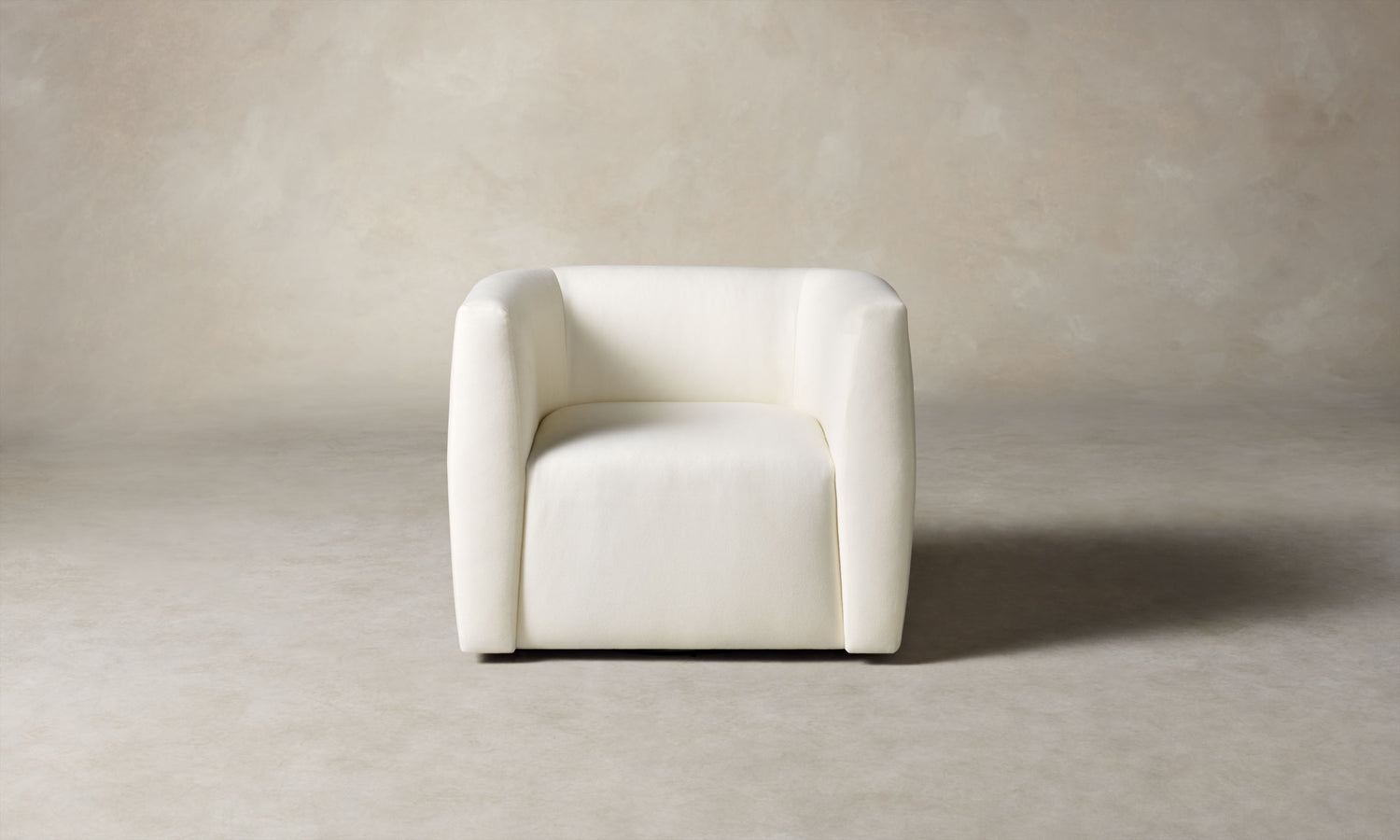 henri white wool swivel chair with wood accent, front view
