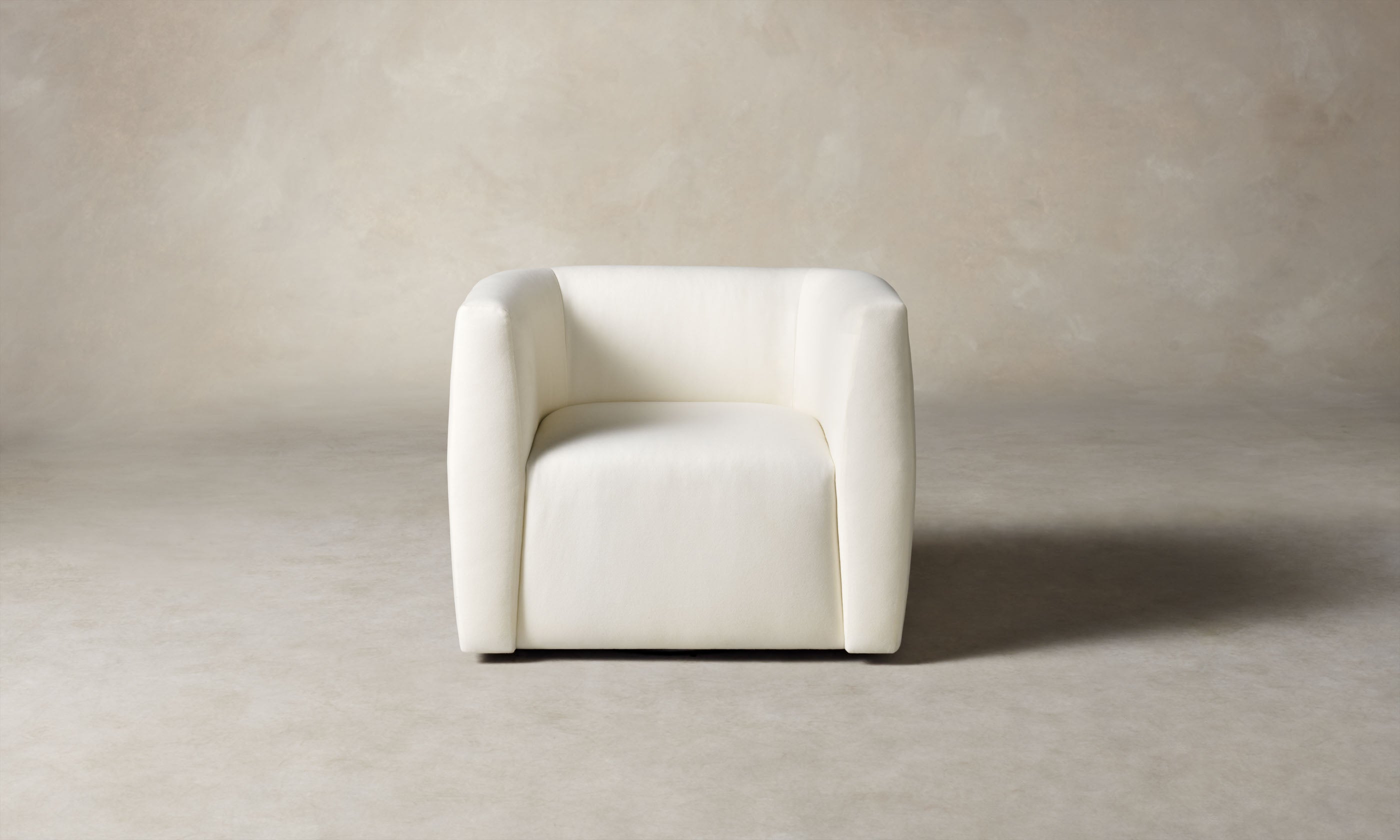 henri white wool swivel chair with wood accent, front view