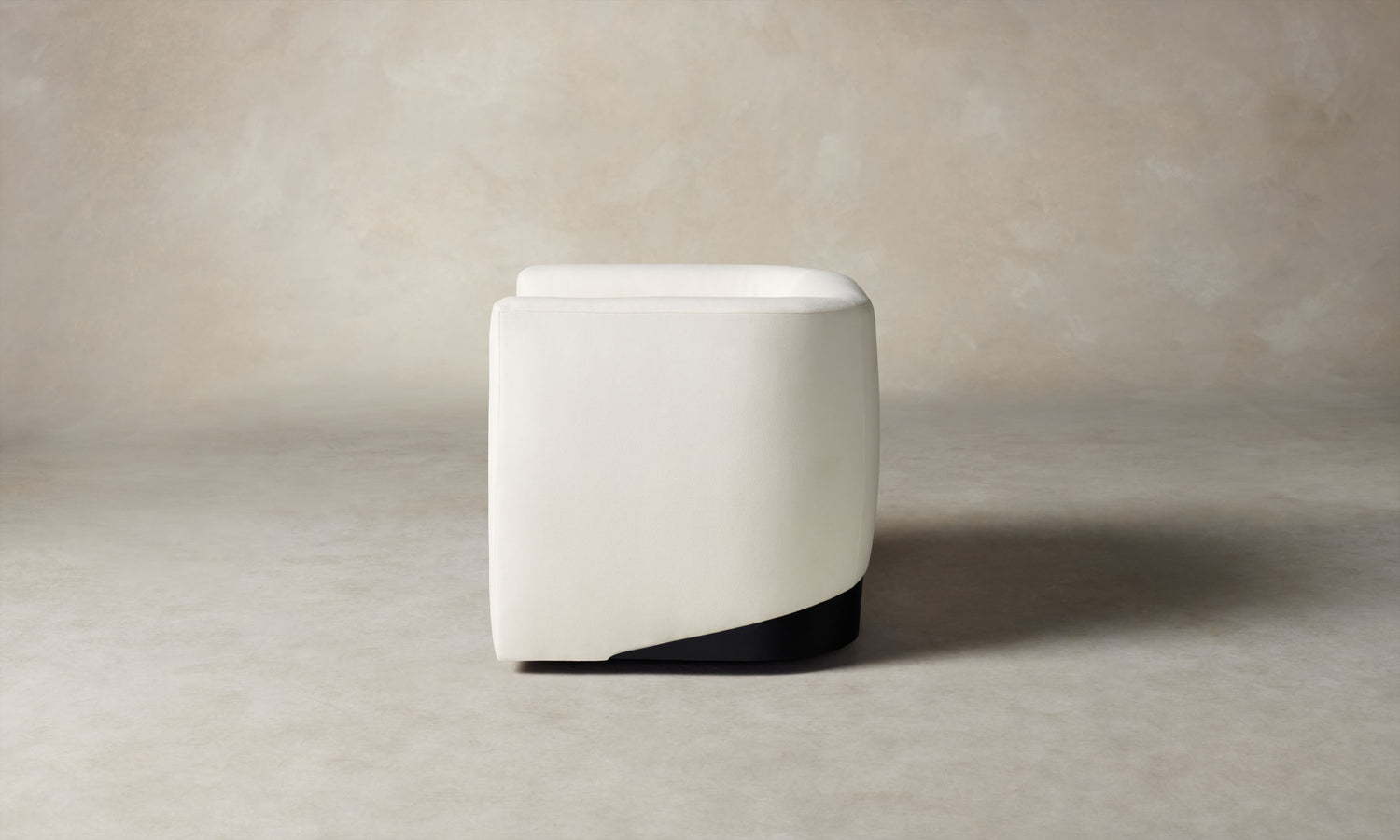 henri white wool swivel chair with wood accent, side view