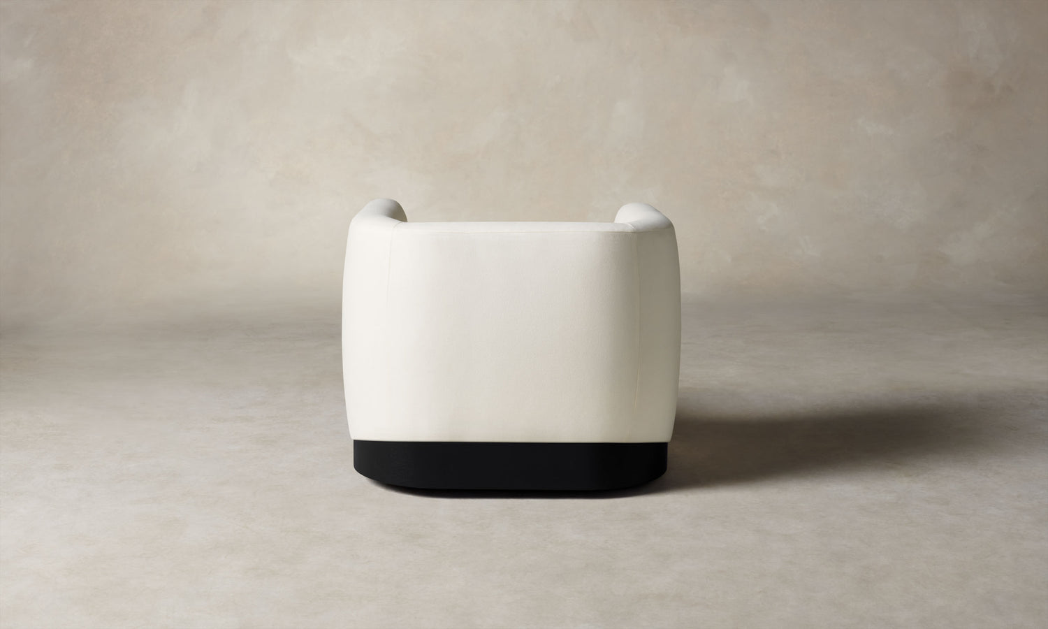 henri white wool swivel chair with wood accent, back view