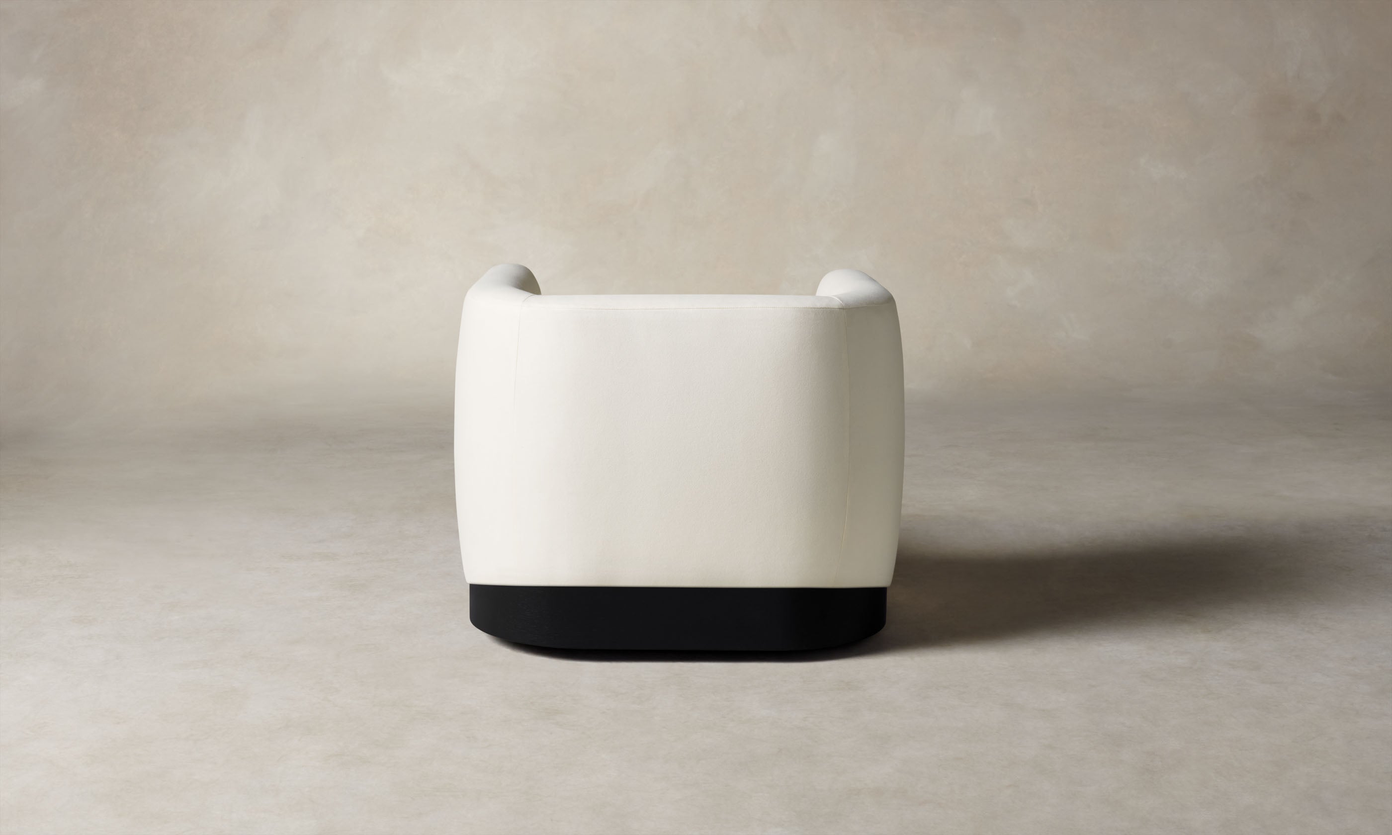 henri white wool swivel chair with wood accent, back view