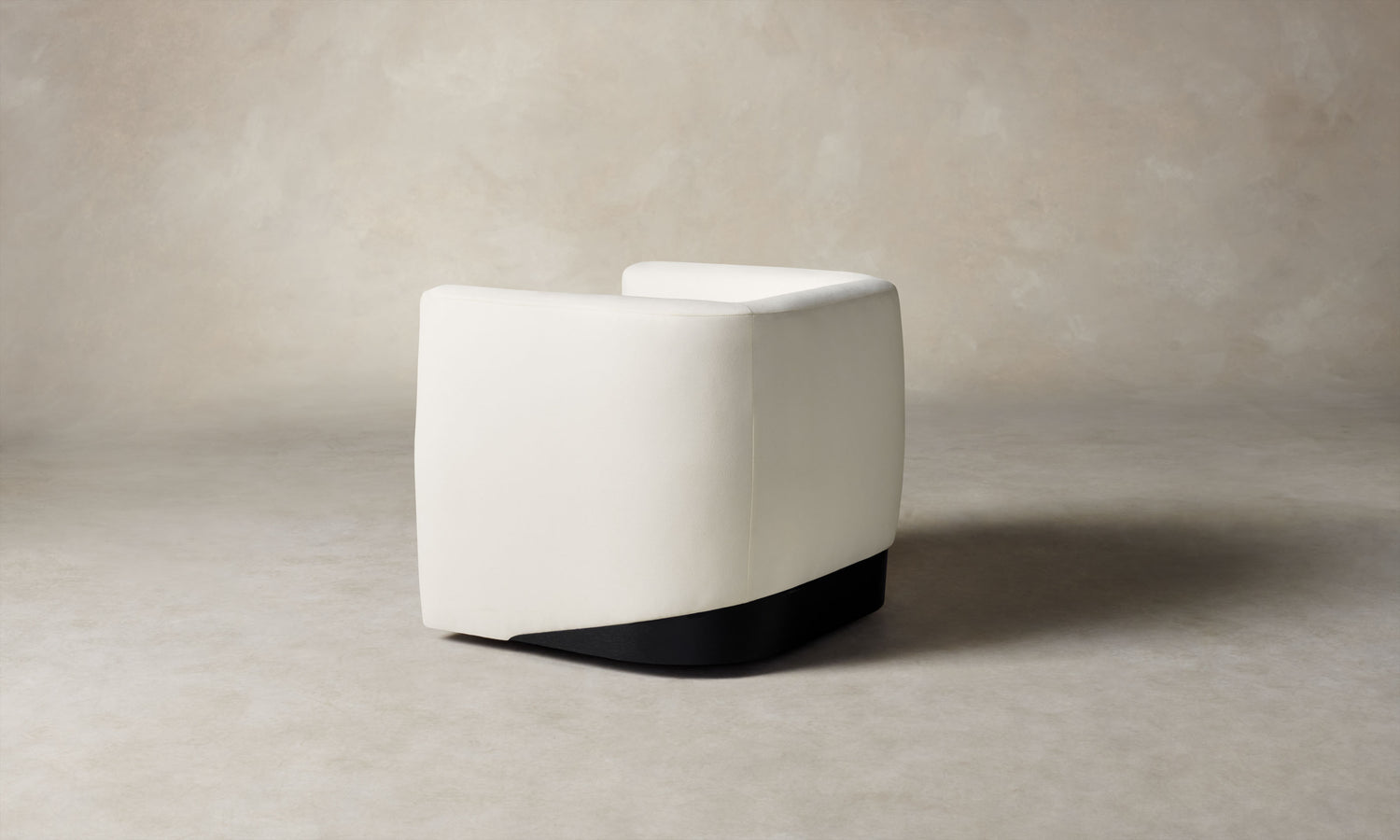 henri white wool swivel chair with wood accent, angle view