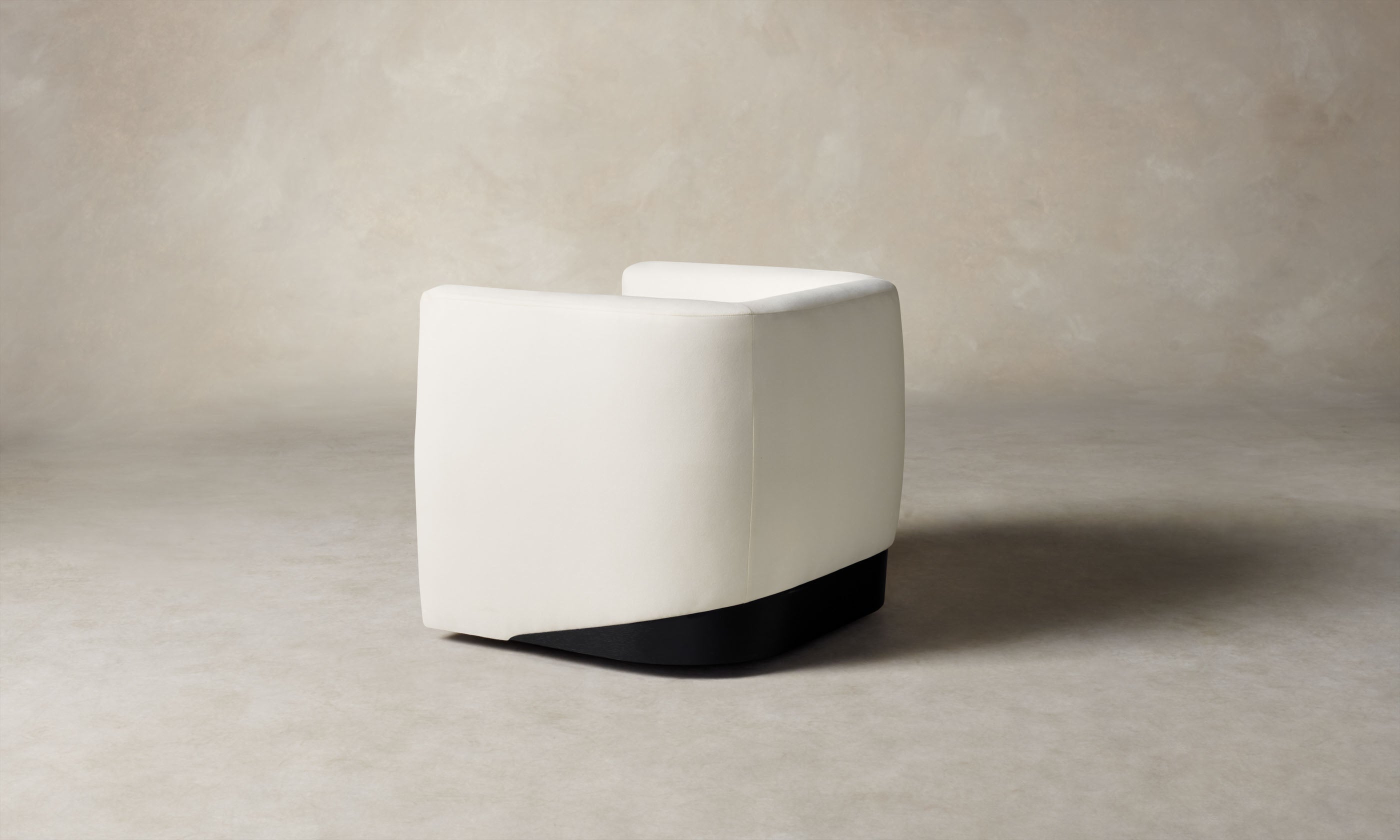 henri white wool swivel chair with wood accent, angle view