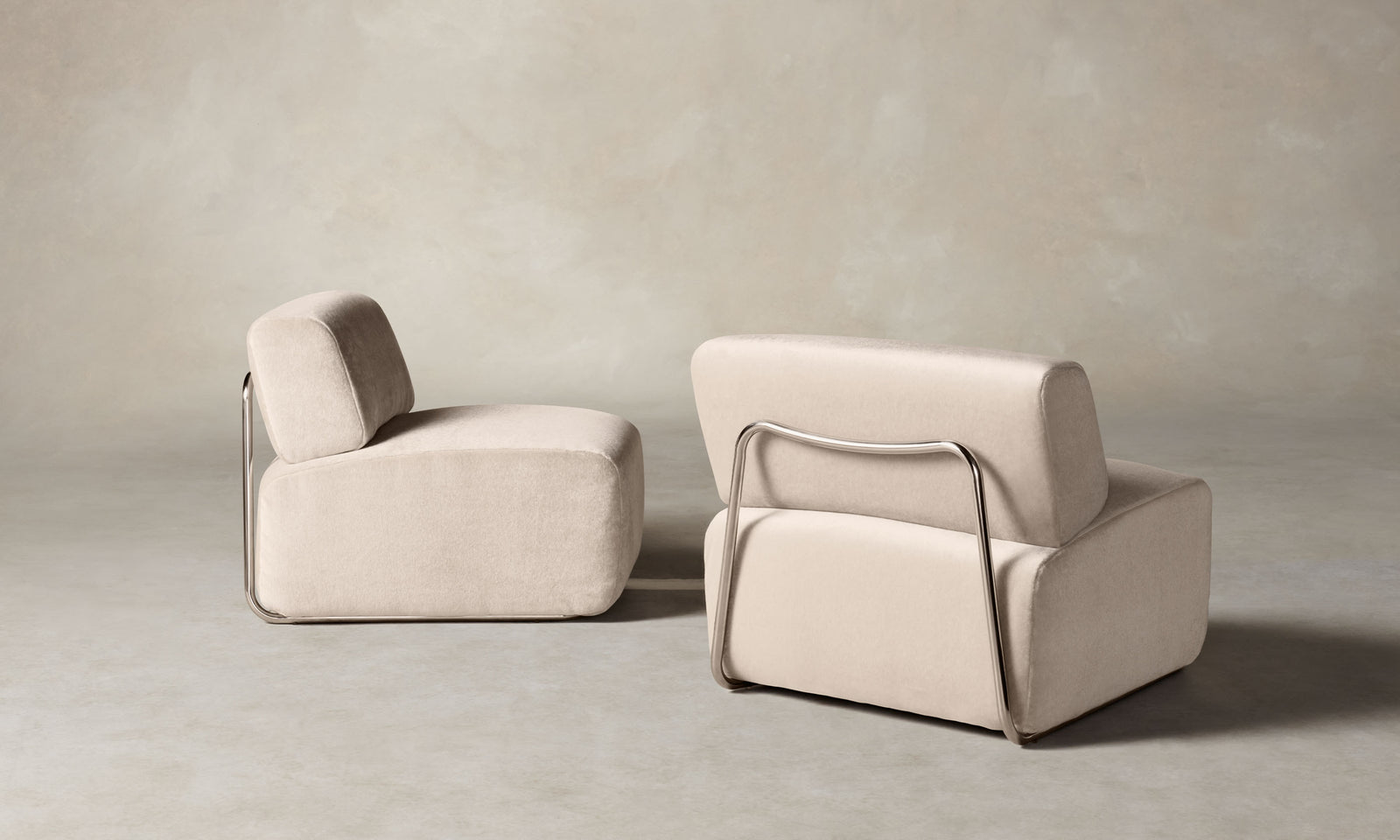 miles modular accent chair in dusty beige pink mohair with curved shape