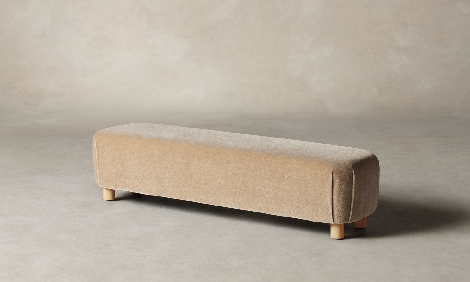 perry bench in beige mohair with wooden legs