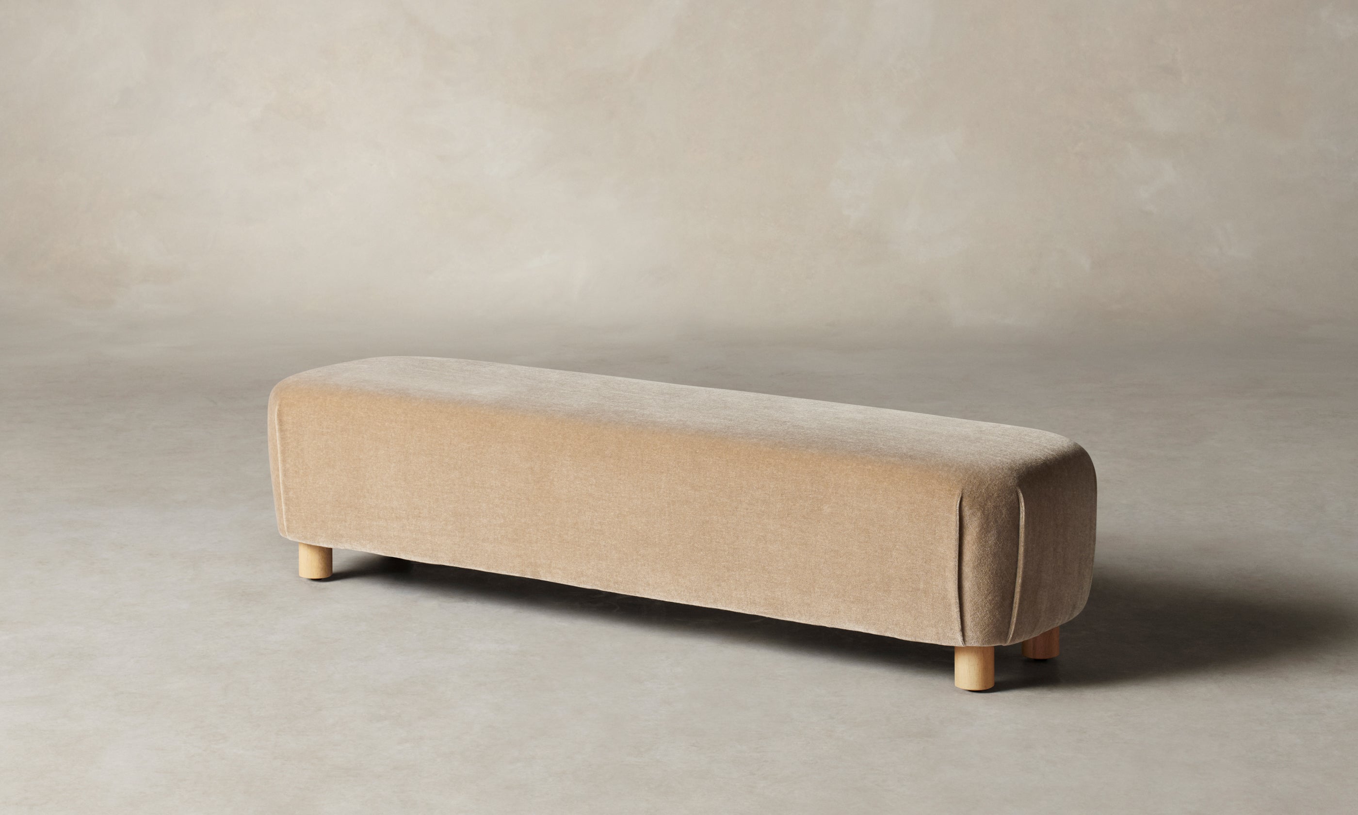 perry bench in beige mohair with wooden legs