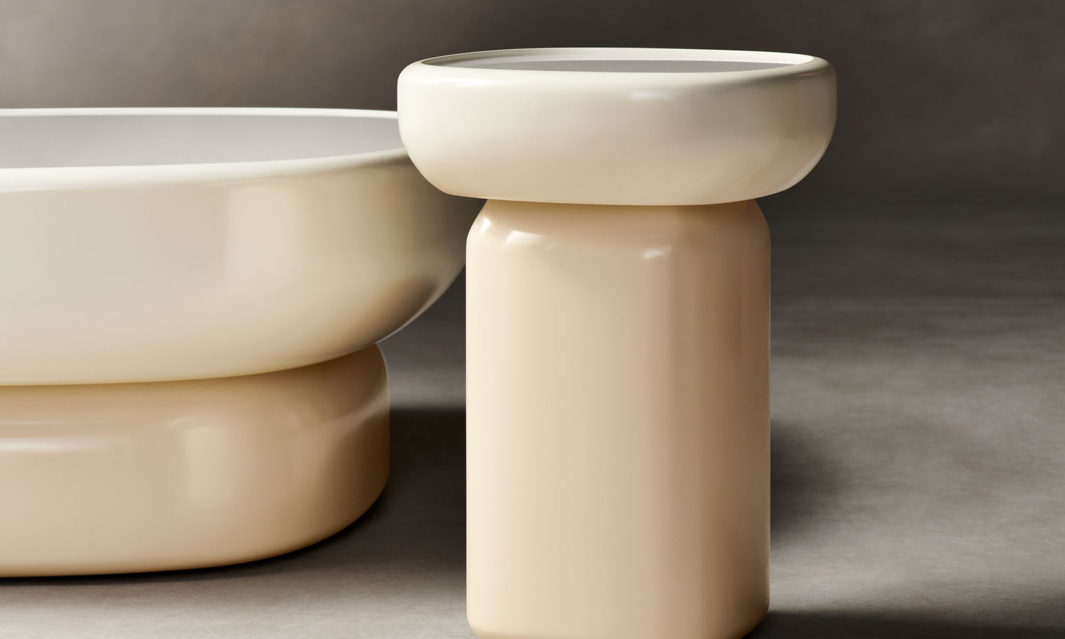 emile oval glass coffee table and side table with lacquered beige base and white opaque glass top in art deco style