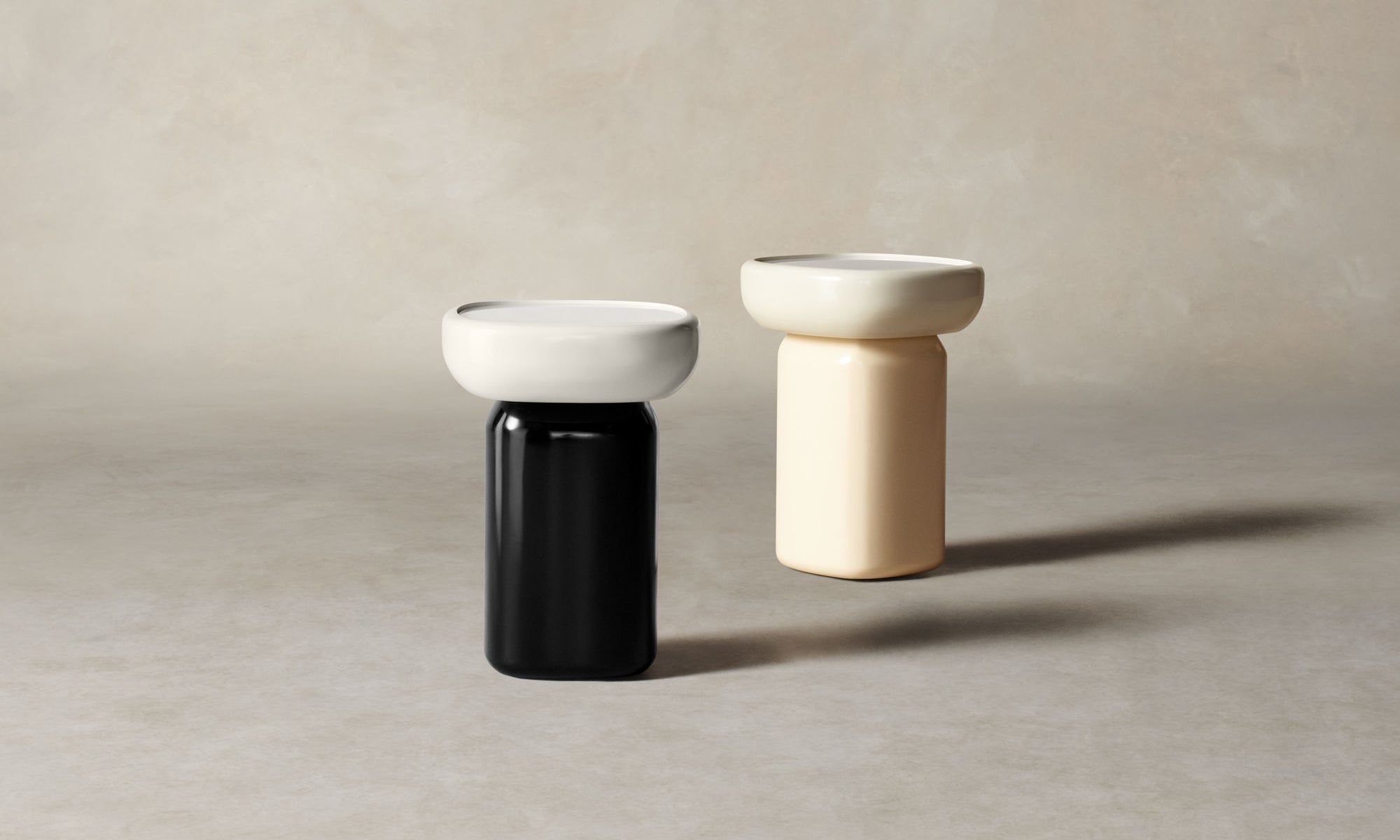 emile glass side tables with lacquered beige and black base and white opaque glass top in art deco style