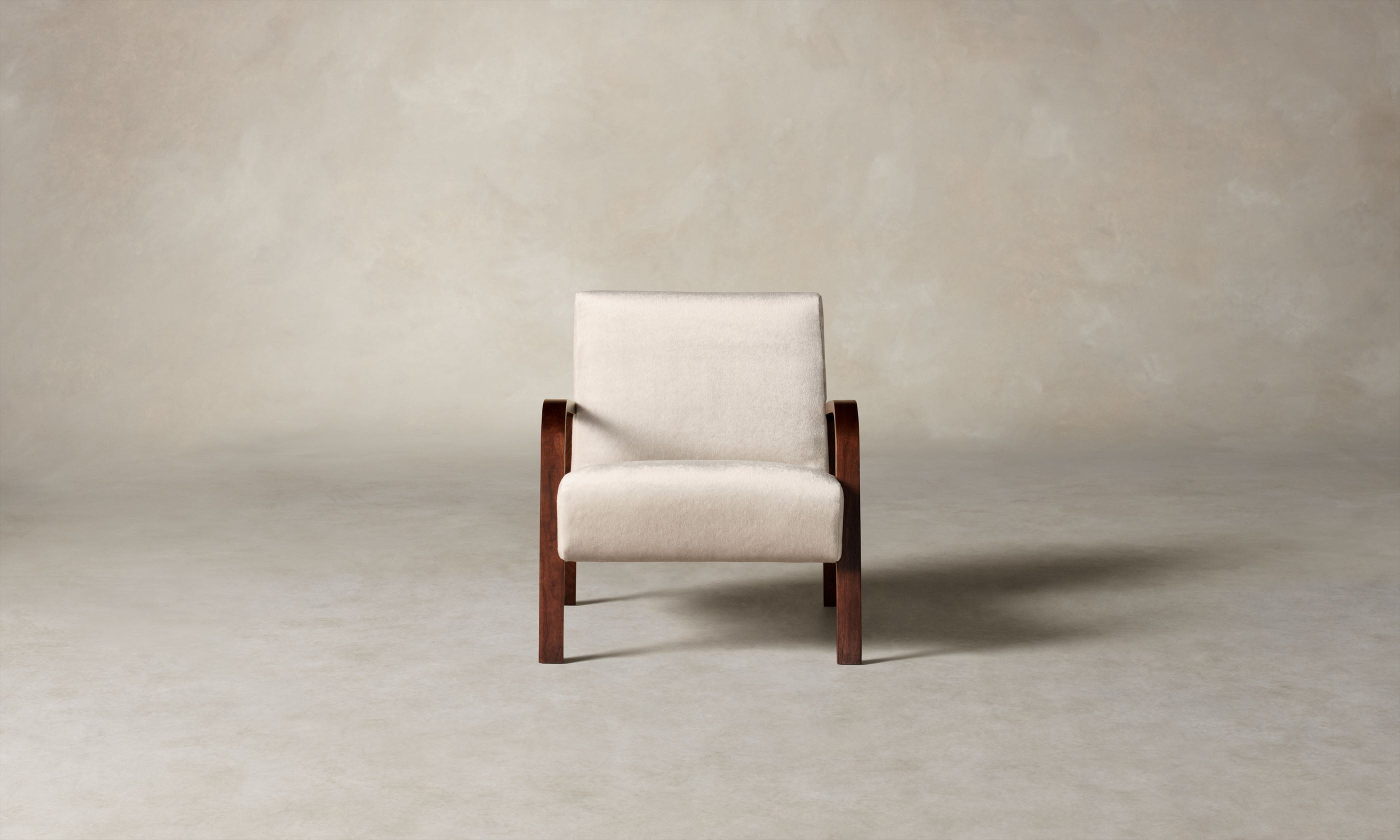 felix wood arm accent chair in beige mohair, front view