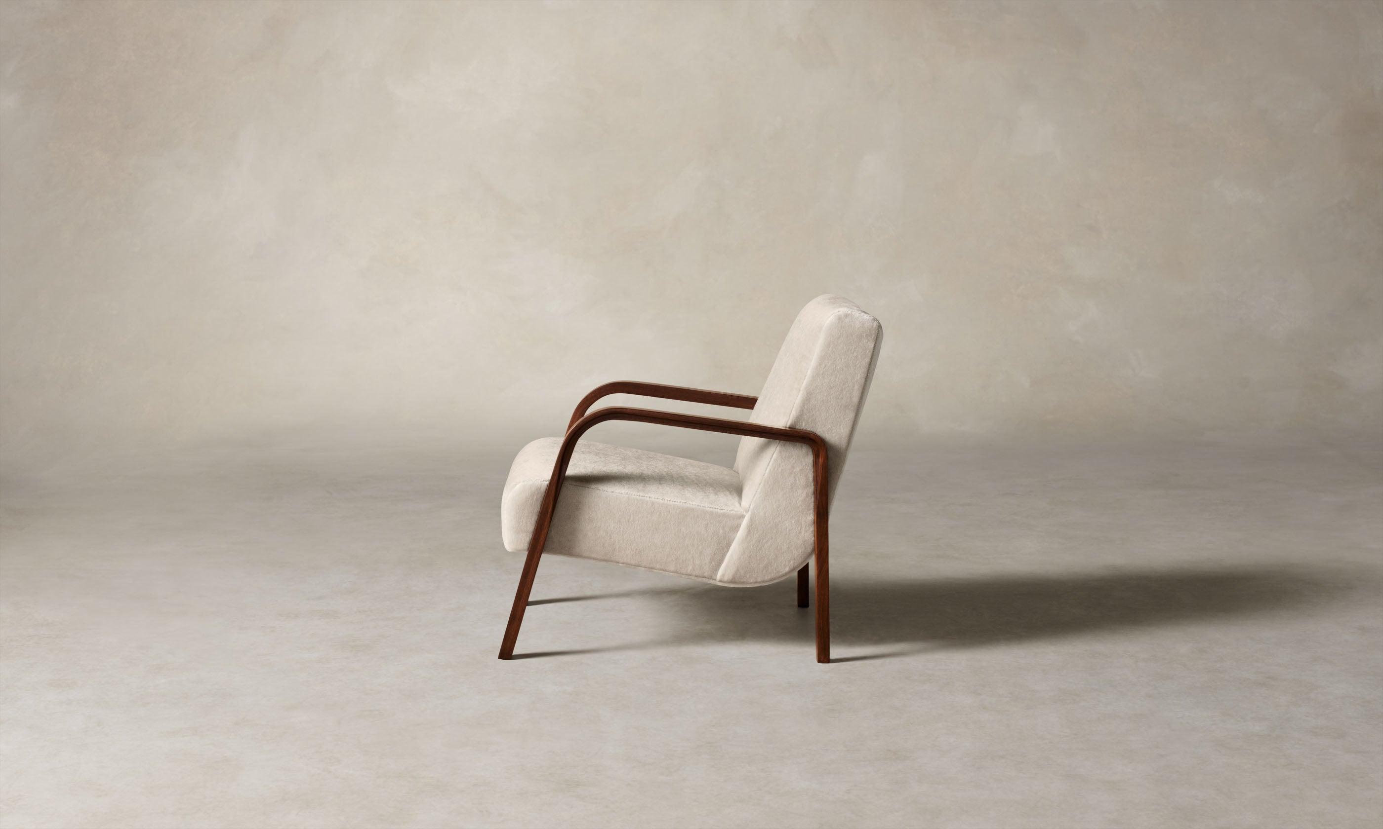 felix wood arm accent chair in beige mohair, side view