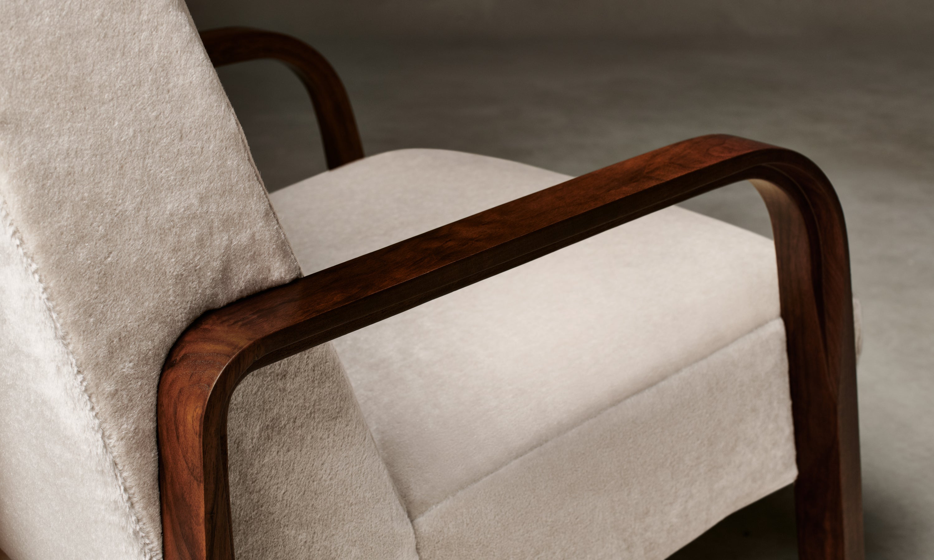 felix wood arm accent chair in beige mohair, close up view