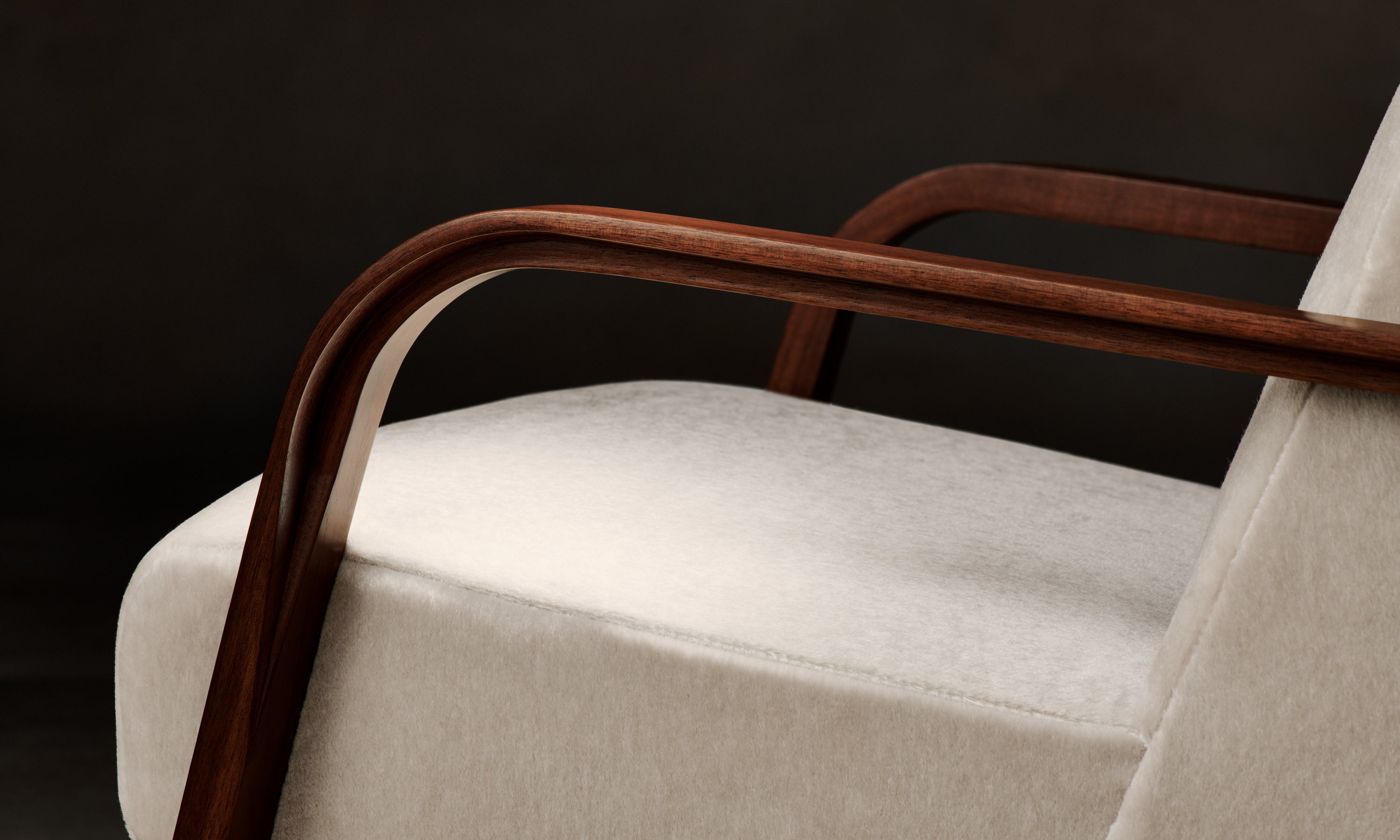 felix wood arm accent chair in beige mohair, seat close up view