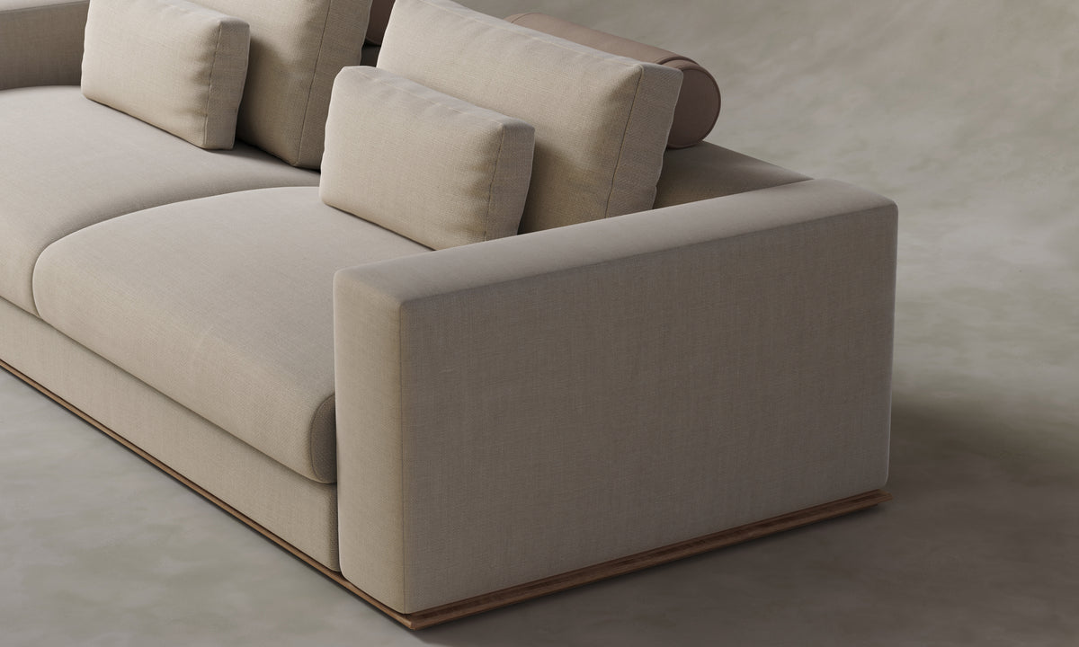 The Nicola Sofa in Mixed Materials - Heritage Belgian Linen Husk with Nubuck Leather Fawn