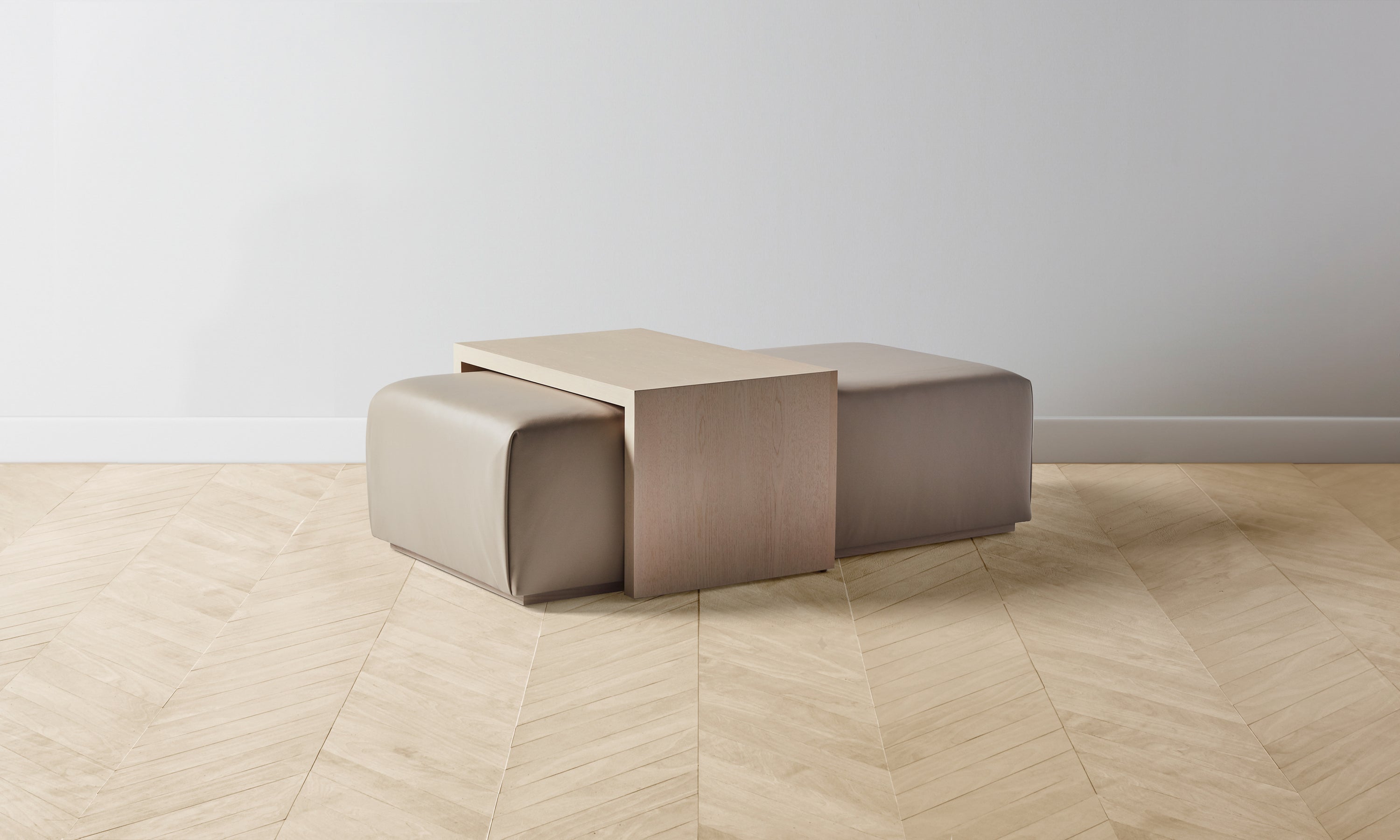 bowery ottoman with wood tray in beige stone leather in ash wood - side view