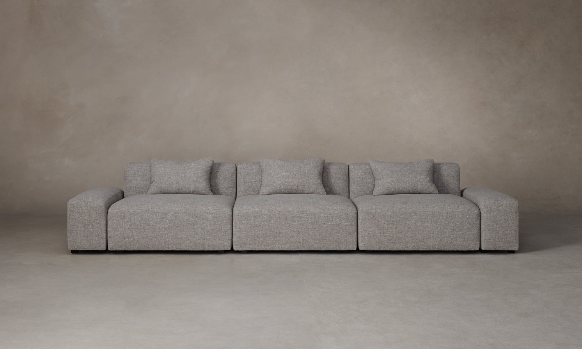 breuer modular sofa in grey linen with throw pillows and 3 seats