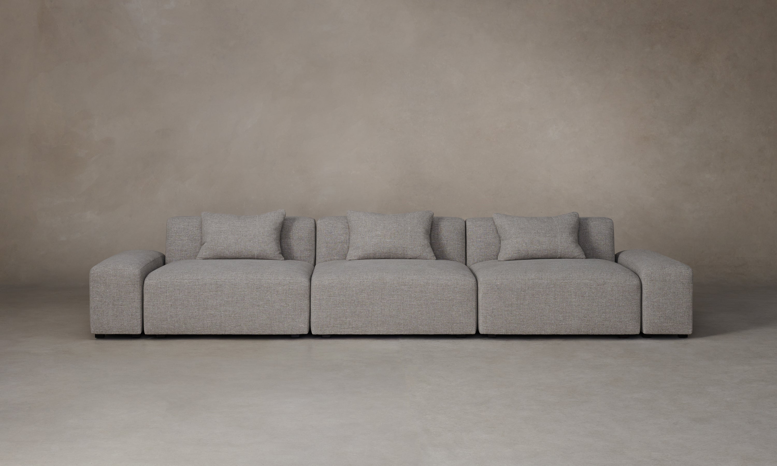 breuer modular sofa in grey linen with throw pillows and 3 seats