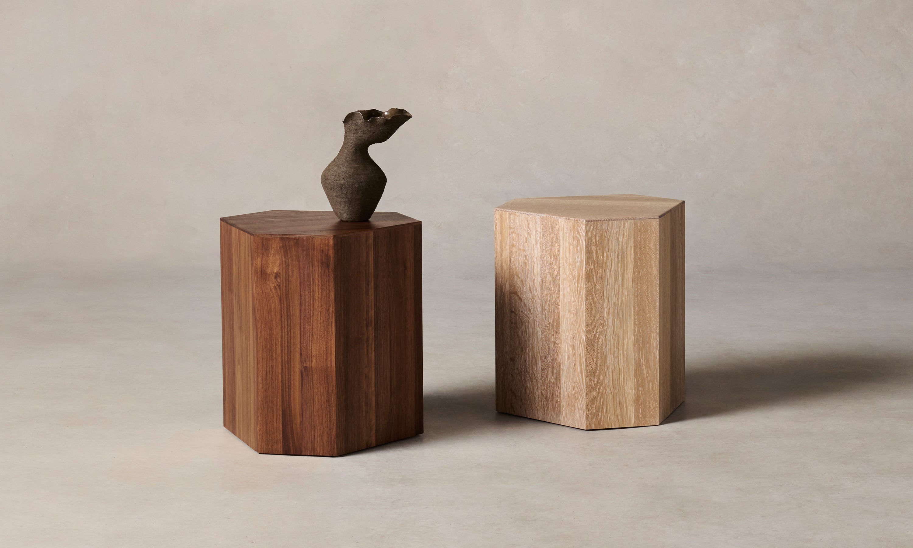 galerie pedestals in white oak and walnut wood