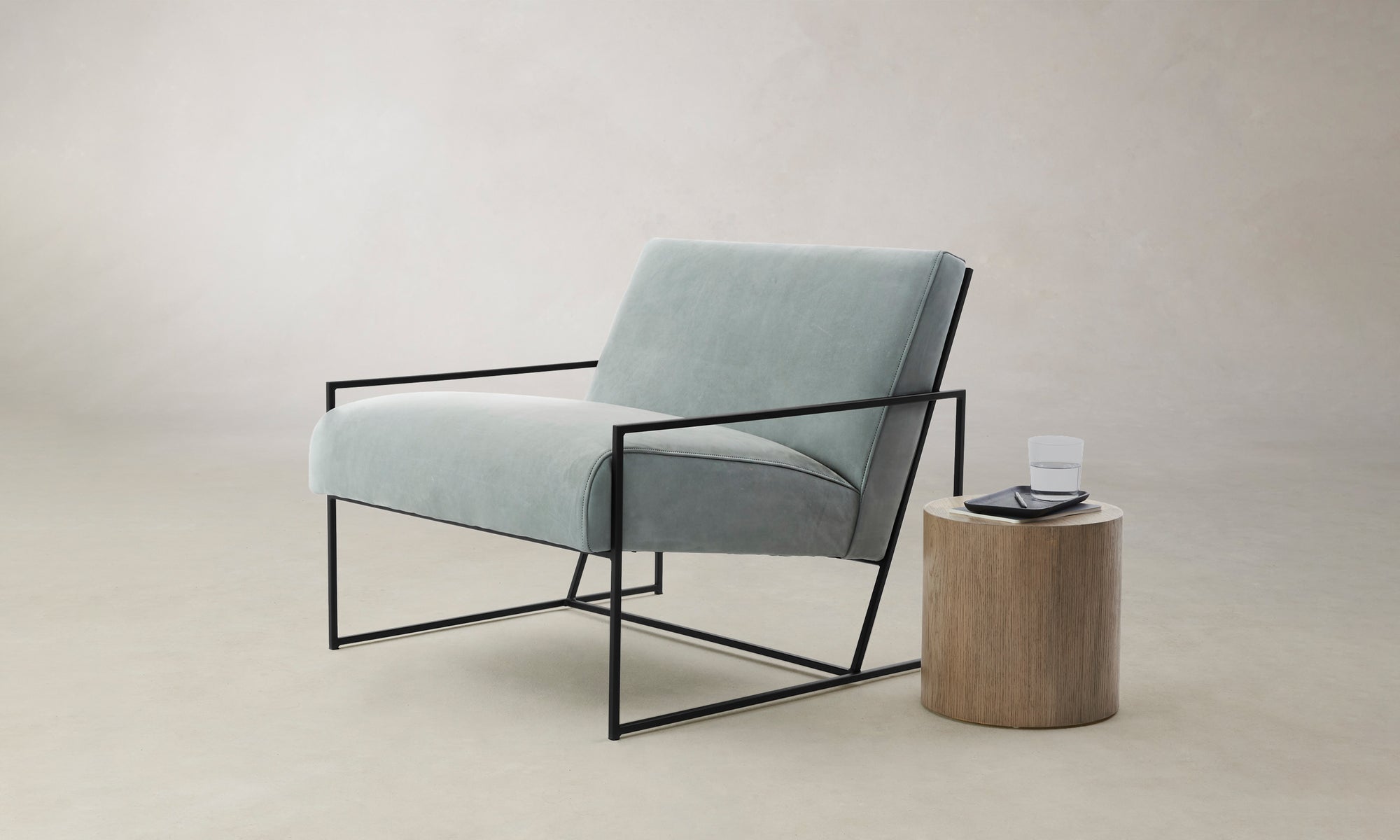 mercer geometric accent chair in blue nubuck leather with steel frame