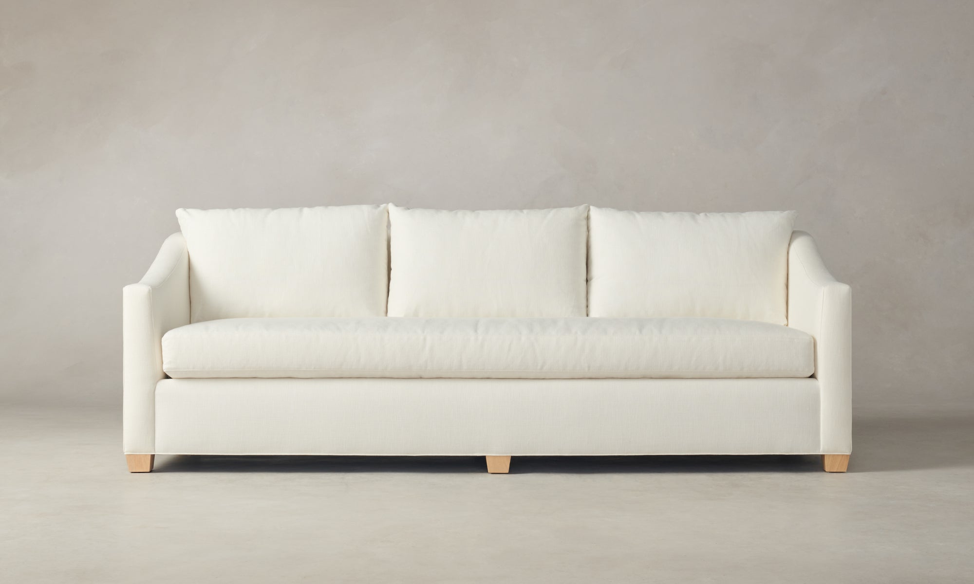 sullivan off-white linen sofa with wooden legs and 3 seats