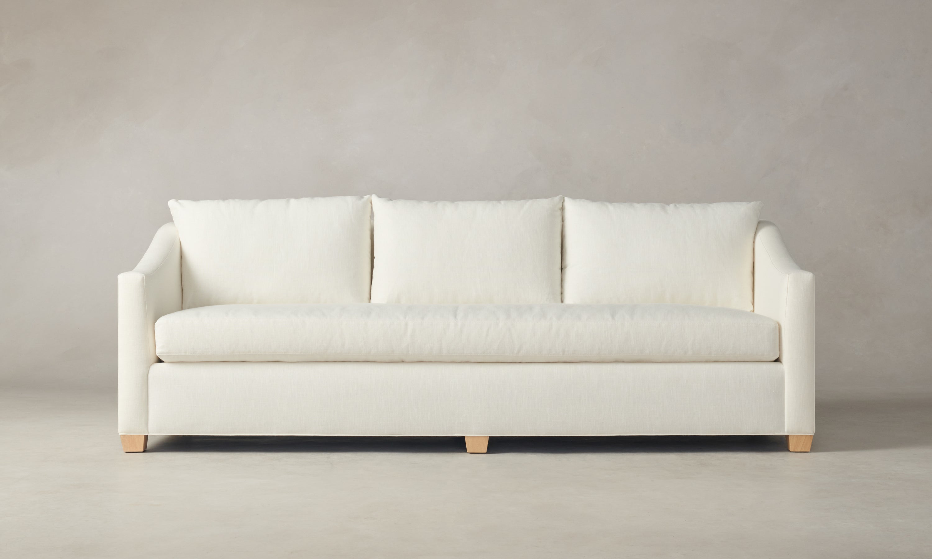 sullivan off-white linen sofa with wooden legs and 3 seats