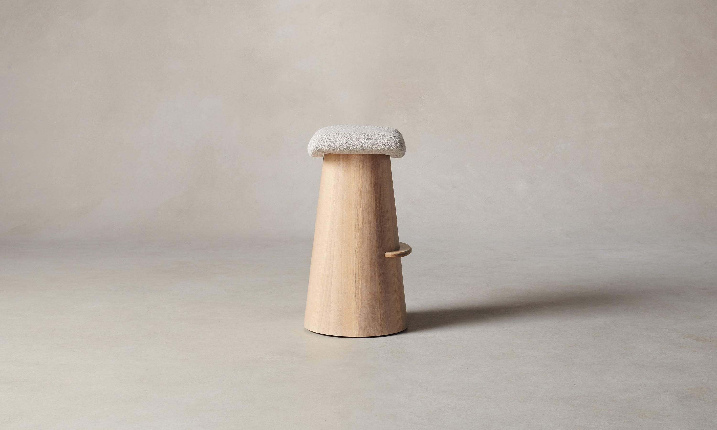 weston barstool in white natural oak with white boucle seat, back view
