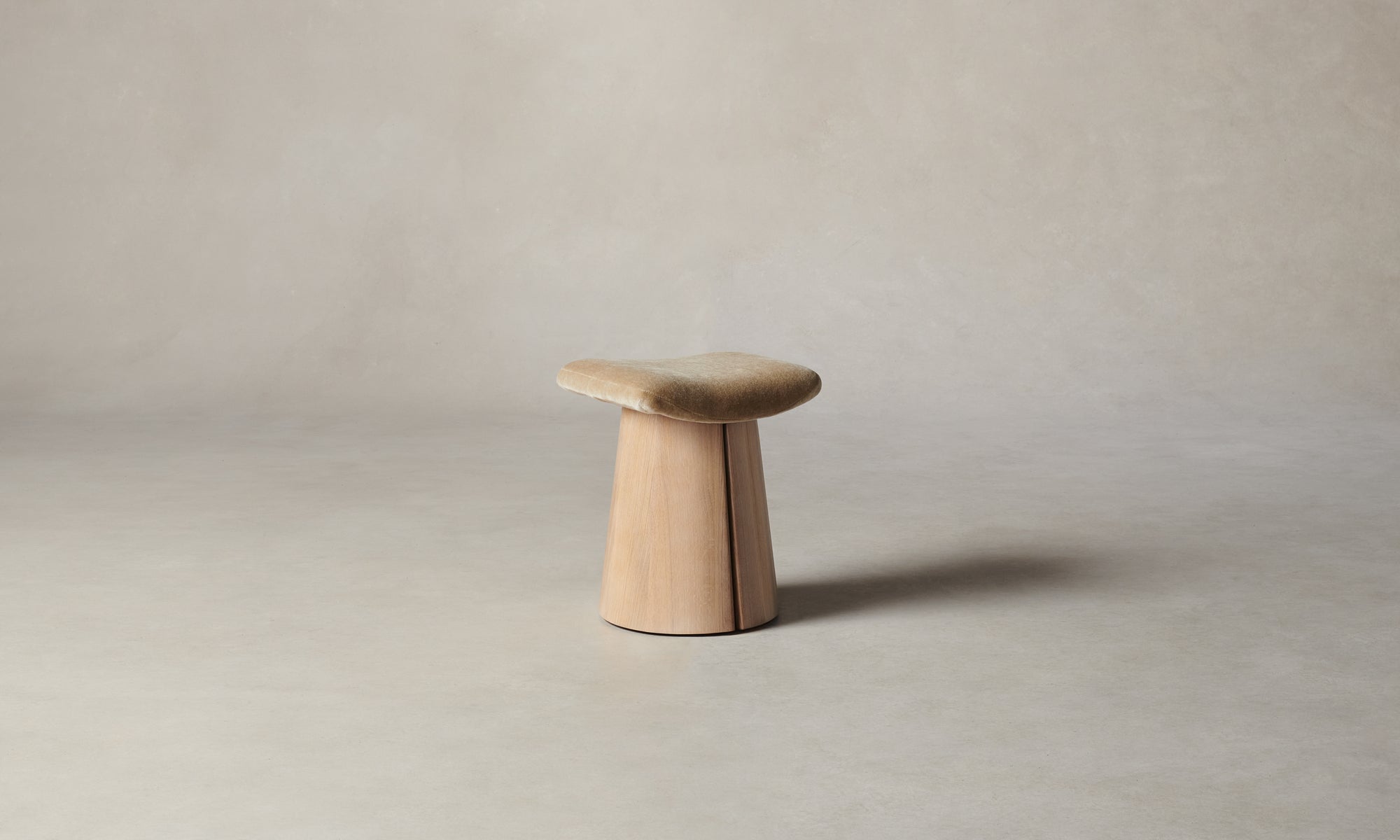 weston stool in white oak wood and almond mohair